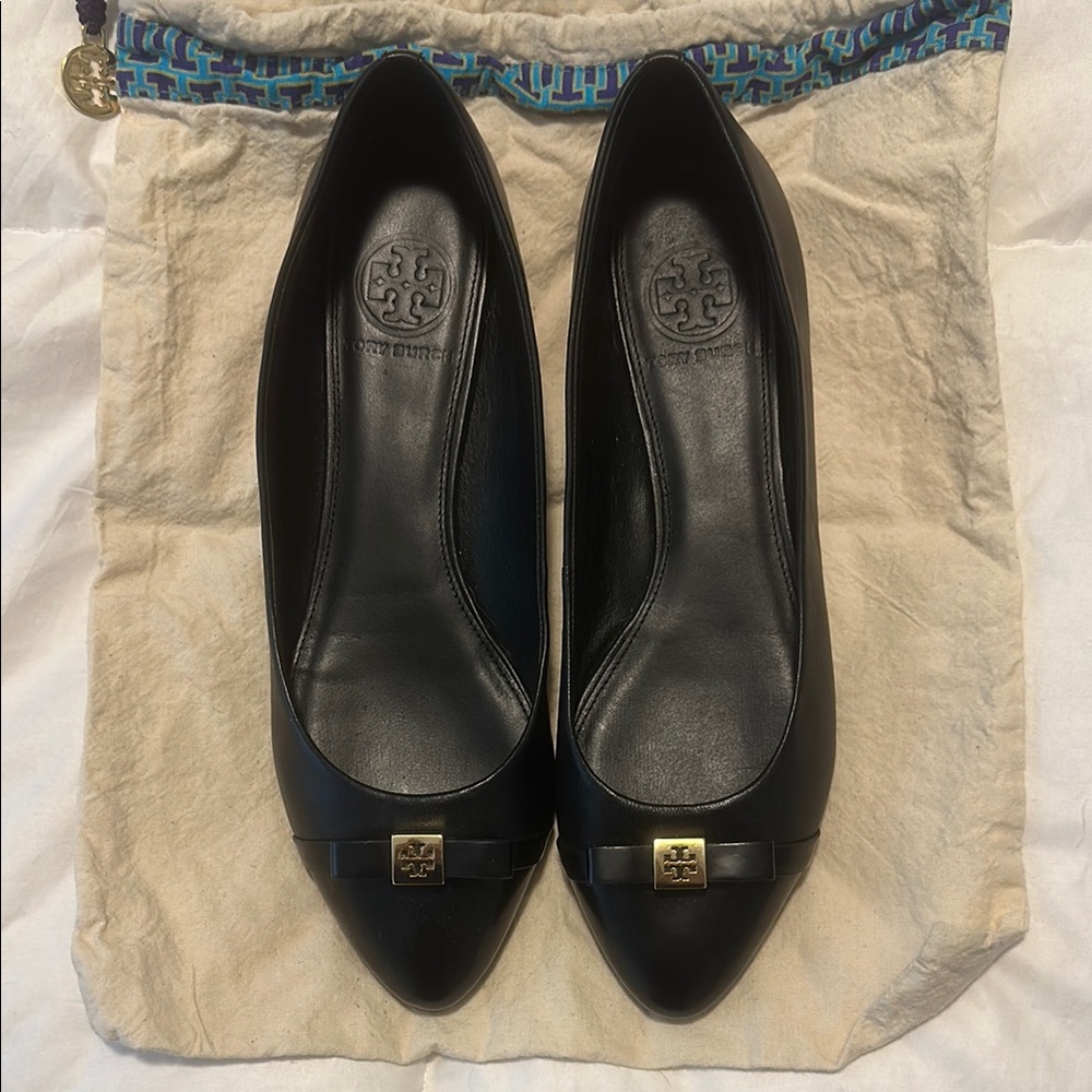 Tory Burch Black Leather Flats with Gold Accent